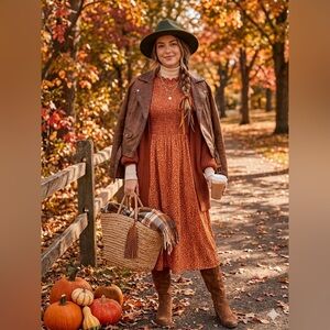 Polagram Autumn Rust Long Sleeve Midi Dress bohemian , fall ready dress L